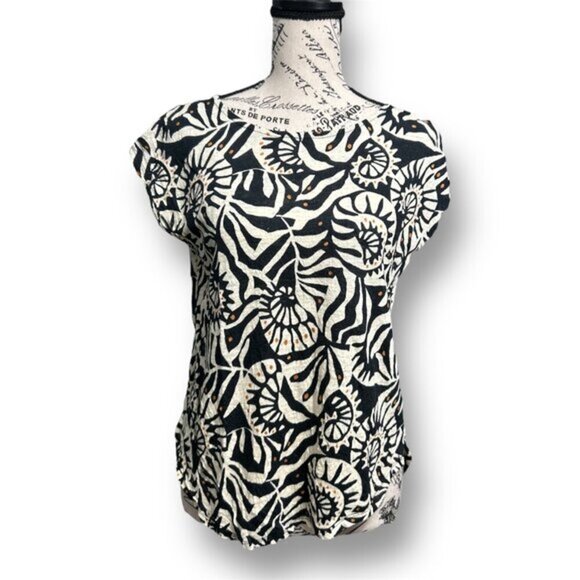 Nicole Miller Small Black Cream 100% Linen Top Abstract Print Boho Resort Travel - Picture 1 of 8